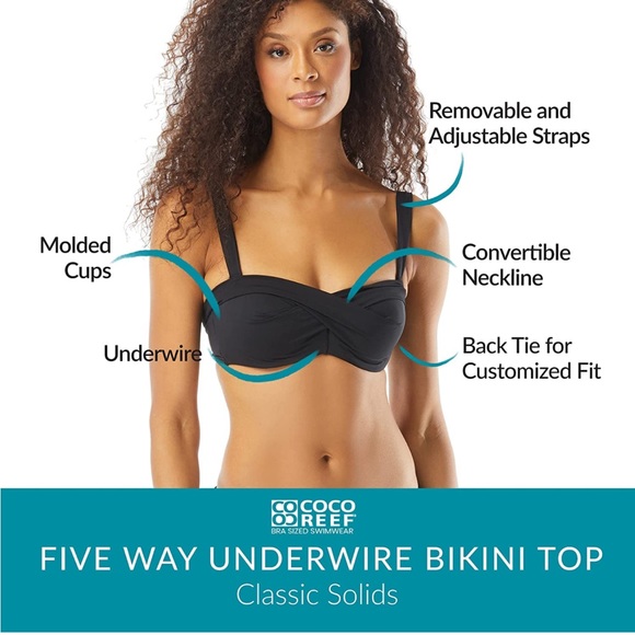 Coco Reef Five Way Bra Sized Underwire Sea Blue Bikini Top - Picture 12 of 13